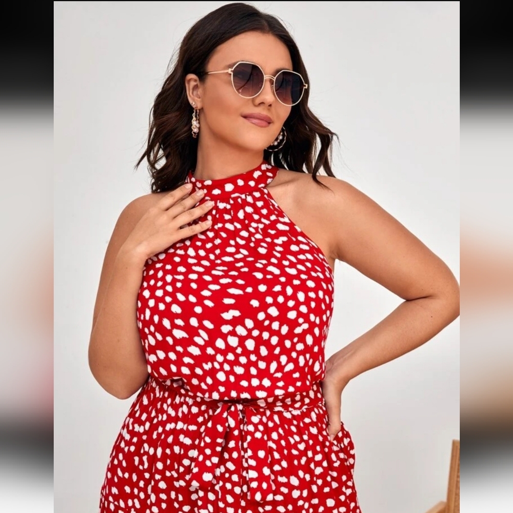 SHEIN Chic Red Halter Dress with White Pattern